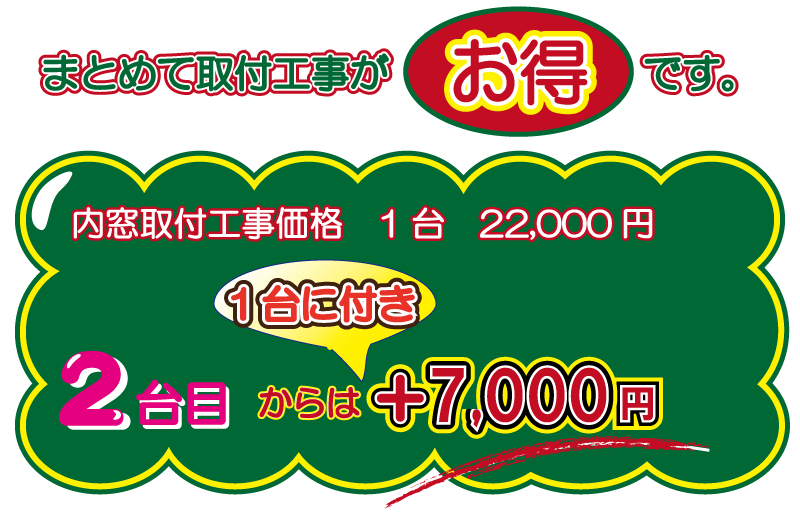 まとめて取付工事がお得です。内窓取付工事1台22,000円(税別)2台目からは＋7,000円(税別)