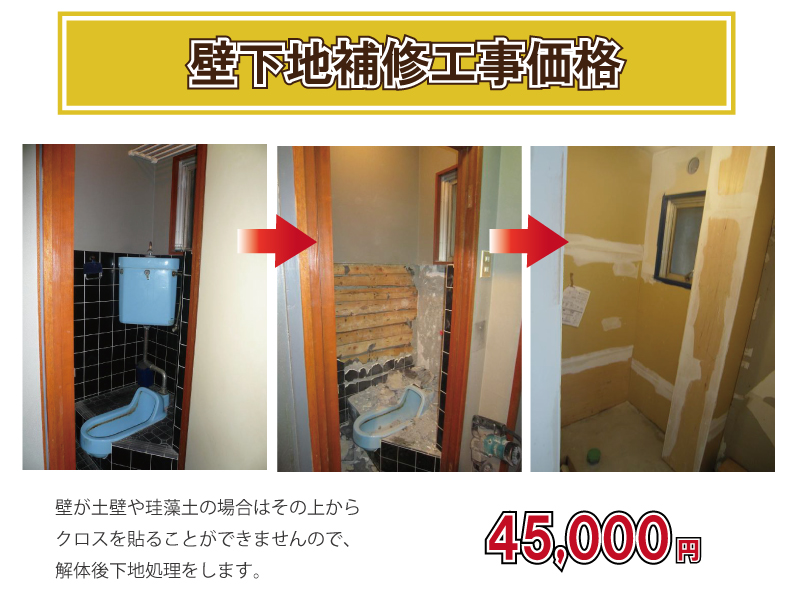 壁下地補修工事価格45,000円(税別)　壁が土壁や珪藻土の場合はその上からクロスを貼ることが出来ませんので、解体後下地処理をします。